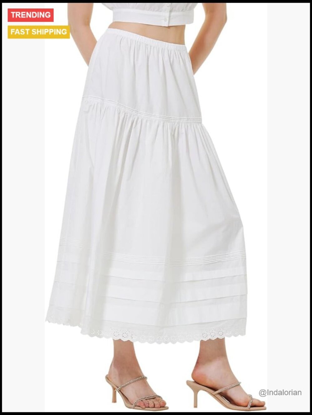 A-Line Maxi Skirt, 100% Cotton, Pintuck Tiered with Lace Trim, Elastic Waist,